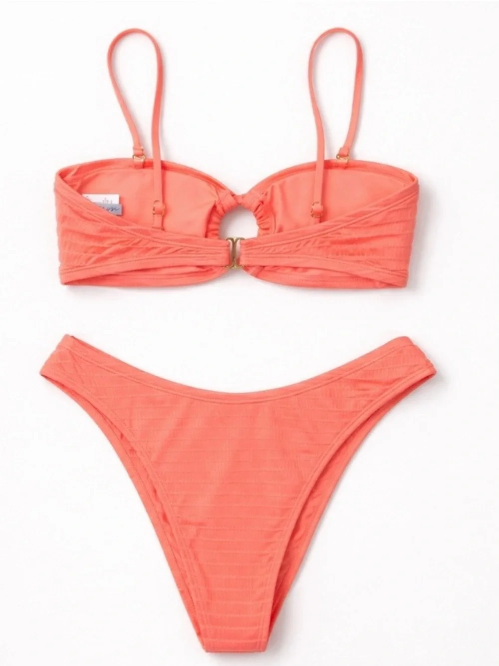 Isabella Rose Bikini Set Medium Neon Coral Textured Bandeau High Cut Swim Size M
